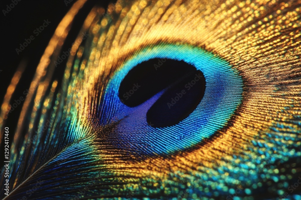 Naklejka premium Vibrant peacock feather showcases intricate patterns and rich colors in close-up shot