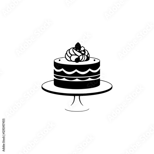 Elegant minimalist black and white cake with whipped cream and cherry on a cake stand.