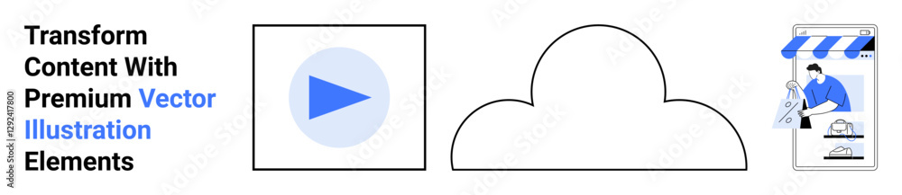 Play button, cloud icon, and storefront illustration showcasing content creation, cloud technology, and e-commerce themes. Ideal for marketing, technology, online business, collaboration branding Play button, cloud icon, and storefront illustration showcasing content creation, cloud technology, and e-commerce themes. Ideal for marketing, technology, online business, collaboration branding
