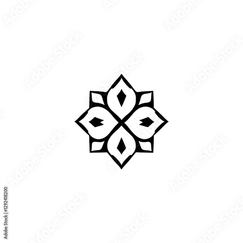 Geometric, stylized star shape composed of four symmetrical pointed petals in black on white, minimalist.