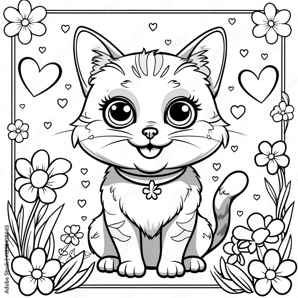 Cute Cat Line Drawing with Friendly Face for Kids Books and Interactive Coloring Pages for Educational Fun and Creativity Drawing Illustration with Heart and Flowers Cute Cat Line Drawing with Friendly Face for Kids Books and Interactive Coloring Pages for Educational Fun and Creativity Drawing Illustration with Heart and Flowers