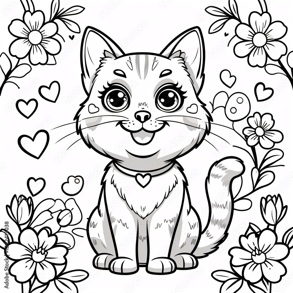 Fototapeta premium Cute Smiling Cat or Kitten Line Art Drawing with Friendly Face Ideal for Kids Book Covers and Fun Childrens Coloring Pages Drawing Illustration with Heart and Flowers