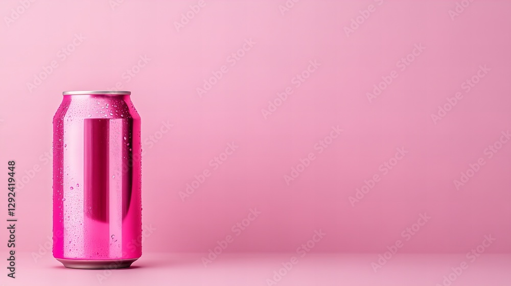 Pink aluminum can with condensation droplets on a pink background. Refreshing and vibrant! Pink aluminum can with condensation droplets on a pink background. Refreshing and vibrant!