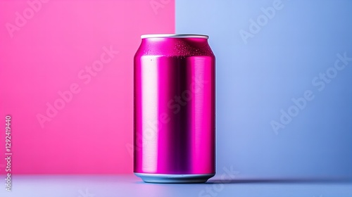 Vibrant pink aluminum can against a two-toned pink and blue background.  A refreshing summer beverage concept.