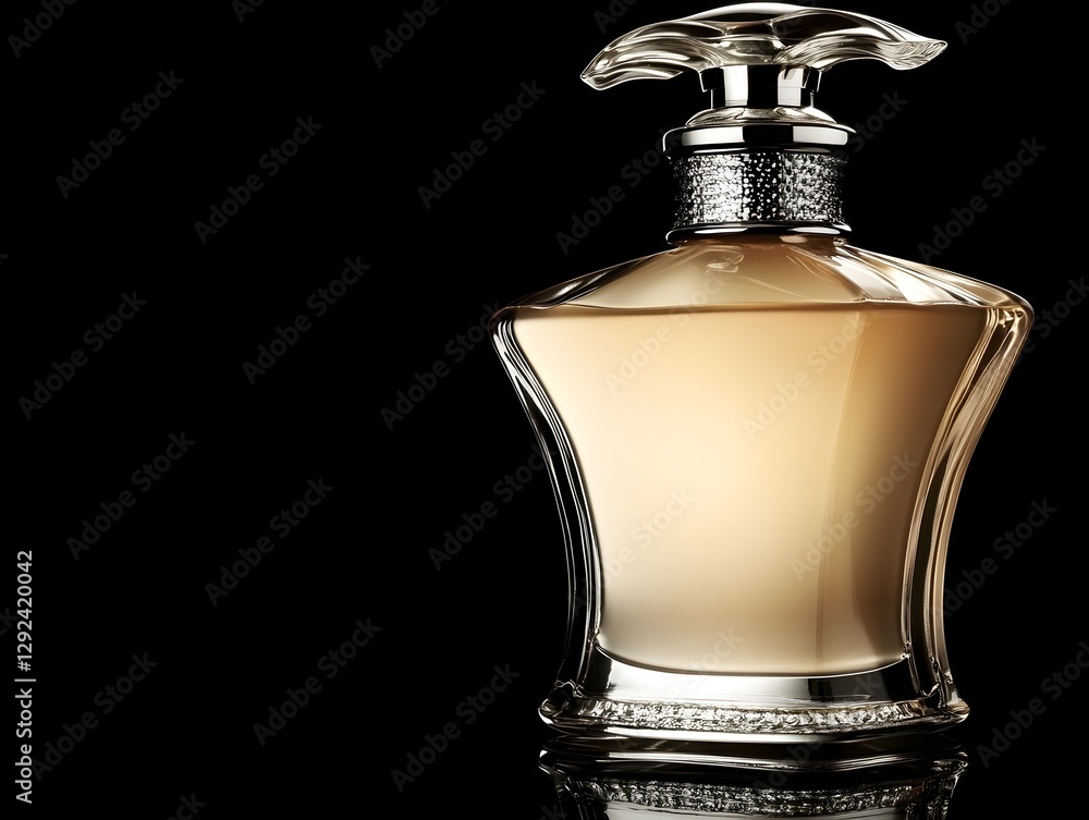 Elegant perfume bottle with soft amber liquid on a black background, showcasing luxury and sophistication Elegant perfume bottle with soft amber liquid on a black background, showcasing luxury and sophistication