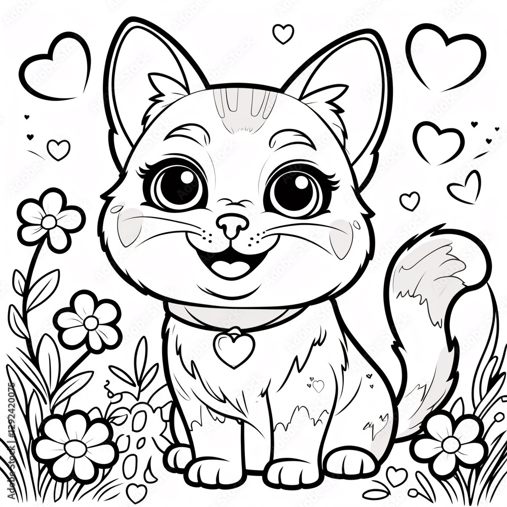 Playful Kitten Drawing with Friendly Expression for Fun Kids Books and Creative Coloring Pages for Young Children Drawing Illustration with Heart and Flowers Playful Kitten Drawing with Friendly Expression for Fun Kids Books and Creative Coloring Pages for Young Children Drawing Illustration with Heart and Flowers
