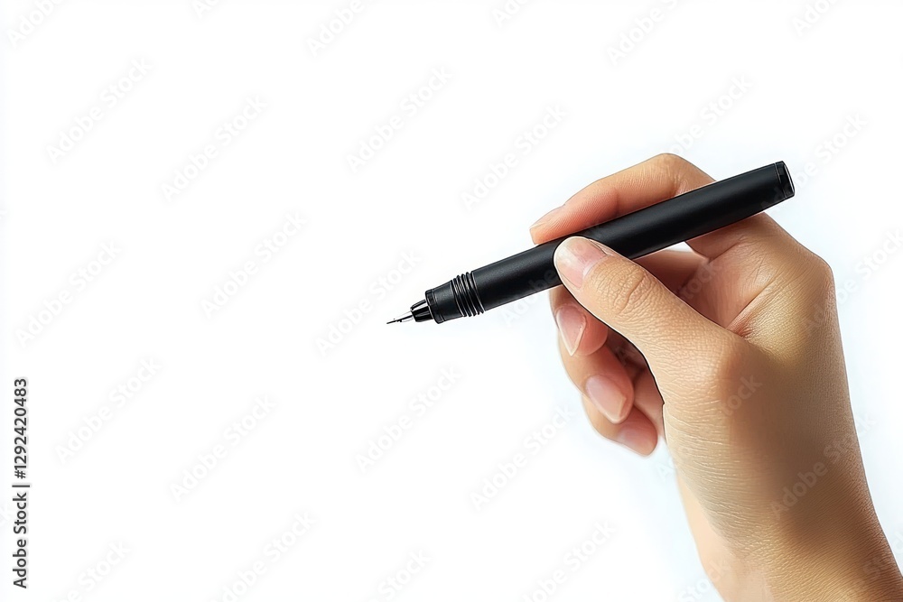 Hand Holding Black Marker Pen Ready to Write on White Background with Copy Space Hand Holding Black Marker Pen Ready to Write on White Background with Copy Space