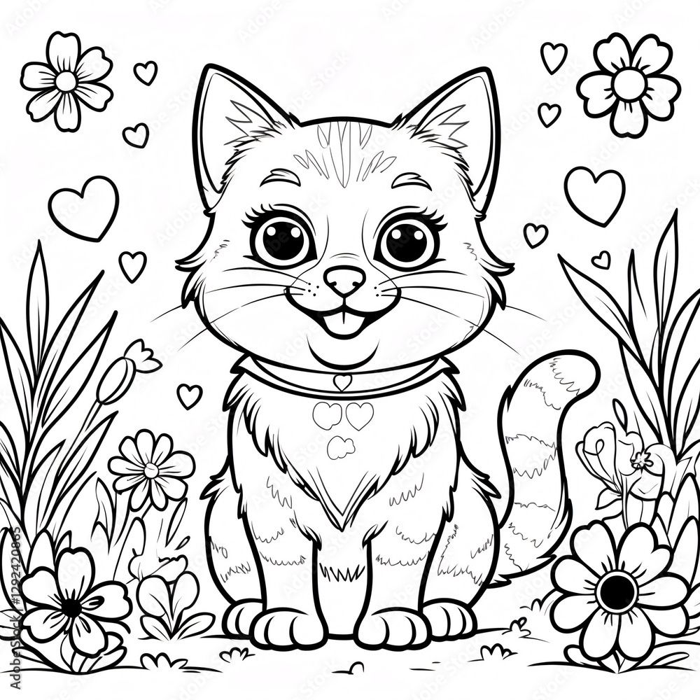 Sweet Kitten Drawing with Friendly Face for Fun Kids Book Covers and Creative Engaging Coloring Pages for Childrens Imagination Drawing Illustration with Heart and Flowers Sweet Kitten Drawing with Friendly Face for Fun Kids Book Covers and Creative Engaging Coloring Pages for Childrens Imagination Drawing Illustration with Heart and Flowers