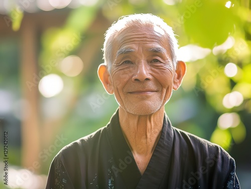 An old man with a beard and white hair is smiling