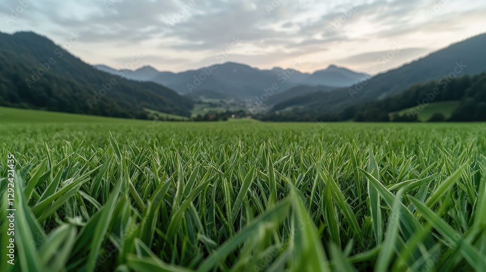 Lush green grass field, mountain range background, scenic valley view, tranquil nature scene, beautiful landscape photo Lush green grass field, mountain range background, scenic valley view, tranquil nature scene, beautiful landscape photo