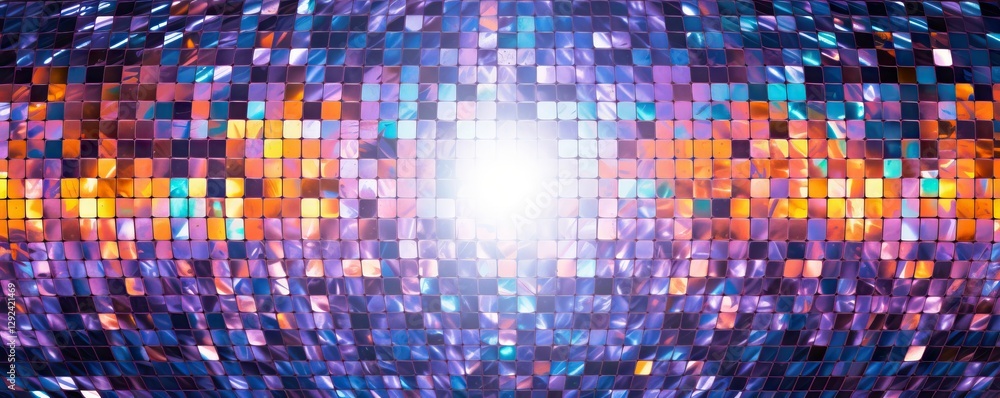 Obraz premium Bright disco ball mosaic pattern with purple and orange tiles reflecting light. Dance club party background with glowing center. Retro nightlife design for events and celebrations