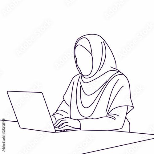 Line art Illustration of Muslim Woman Wearing Hijab working with laptop