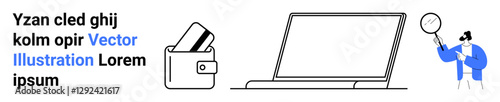 Man with magnifying glass investigating near laptop, digital wallet with credit cards. Ideal for cybersecurity, online transactions, payment methods, fraud detection, e-commerce, personal finance