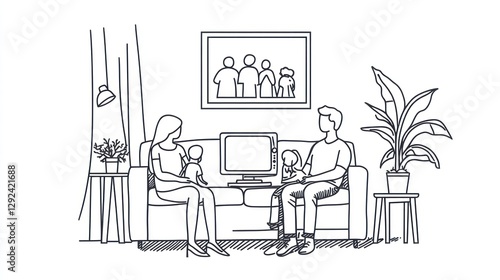 Family relaxing on sofa, home scene, watching TV. Possible use Stock photo for interior design, family, children, living room photo