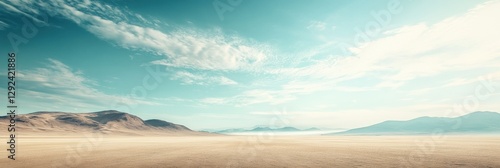 Expansive desert landscape under a clear blue sky with distant mountains and soft clouds in a serene environment. Generative AI