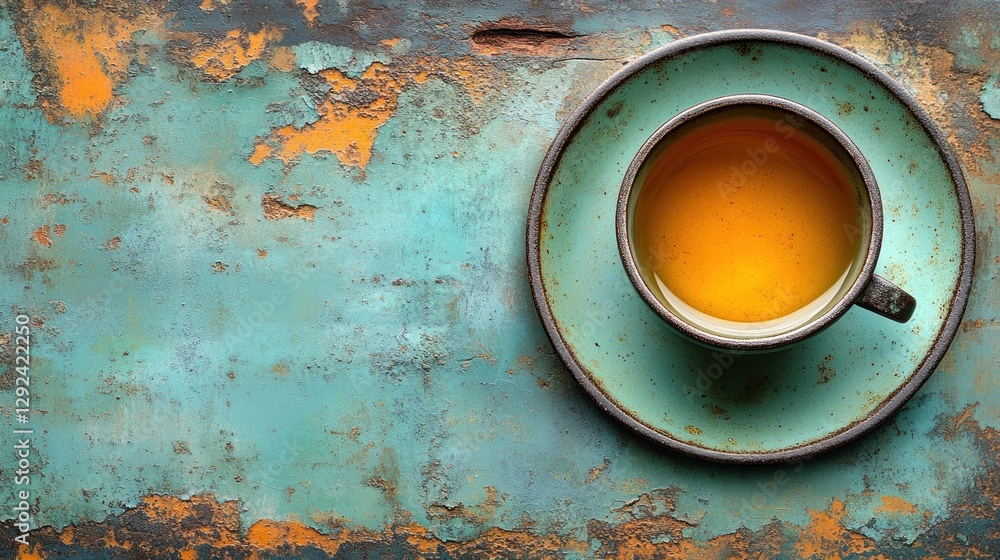 Rustic teal table, teacup, herbal tea, overhead shot, menu Rustic teal table, teacup, herbal tea, overhead shot, menu