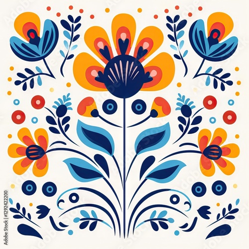 Traditional folk art floral pattern in scandinavian style with symmetrical orange and blue flowers on white background. Nordic decorative design for textile and wallpaper