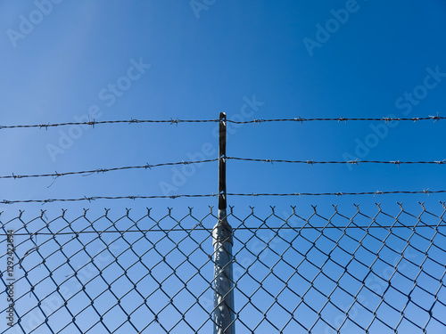 Barbed wire chain link fence against a blue sky
