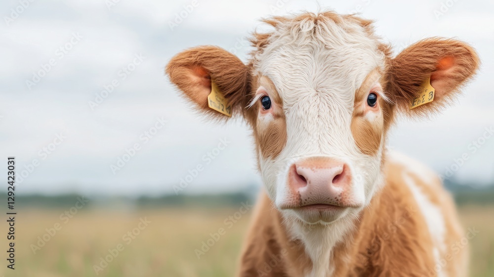 Calf portrait, field background, pasture, rural scene, livestock farming Calf portrait, field background, pasture, rural scene, livestock farming