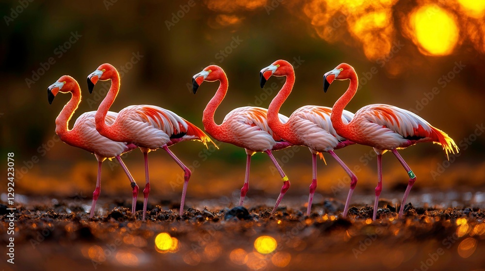 Naklejka premium Side View of Five Flamingos Standing Gracefully in Shallow Water at Sunset