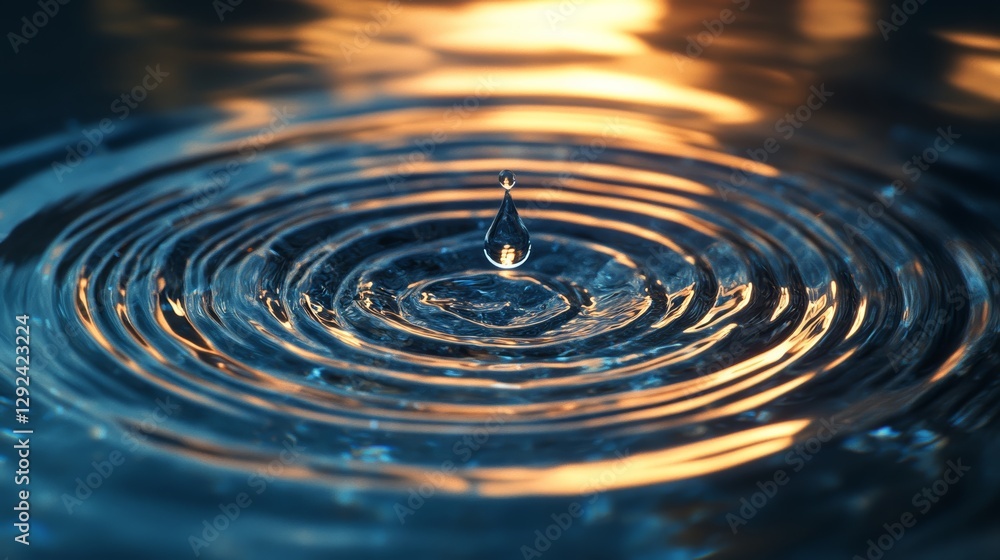 A close-up of water ripples reflecting golden light, capturing the beauty of a single droplet falling into a tranquil surface. A close-up of water ripples reflecting golden light, capturing the beauty of a single droplet falling into a tranquil surface.