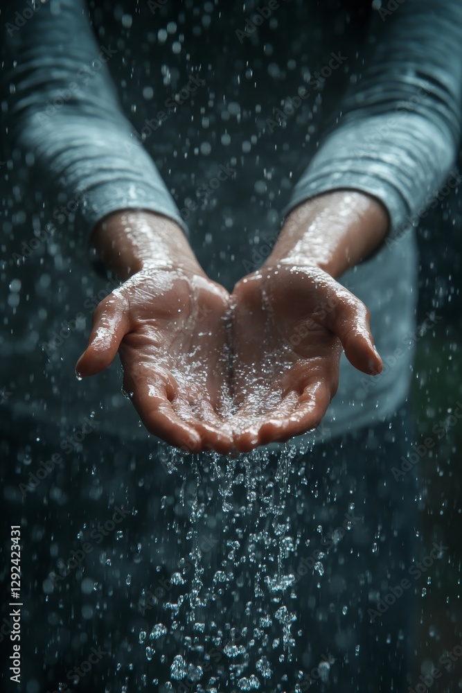 Fototapeta premium A pair of hands cupping water droplets against a dark backdrop, capturing the essence of nature and tranquility.