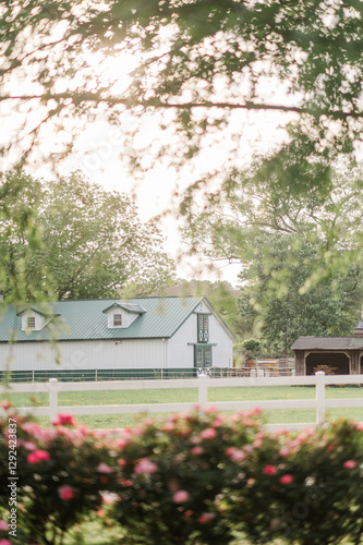 A charming countryside barn framed by trees and blooming pink flowers.