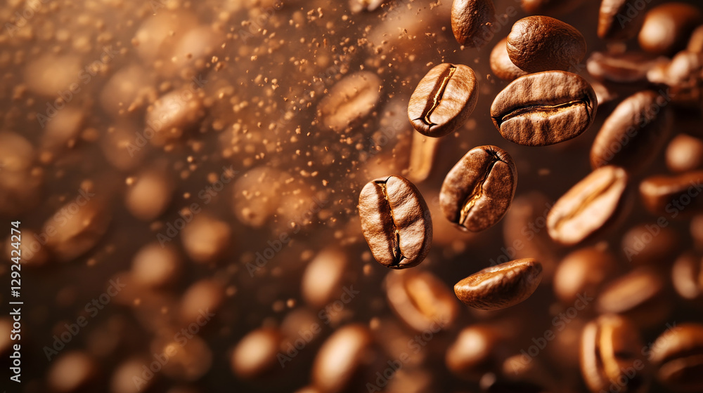 Flying roasted coffee beans scattered on white background in dynamic composition. Brown aromatic grains motion pattern with blurred elements for cafe menu banner or product packaging design. Flying roasted coffee beans scattered on white background in dynamic composition. Brown aromatic grains motion pattern with blurred elements for cafe menu banner or product packaging design.
