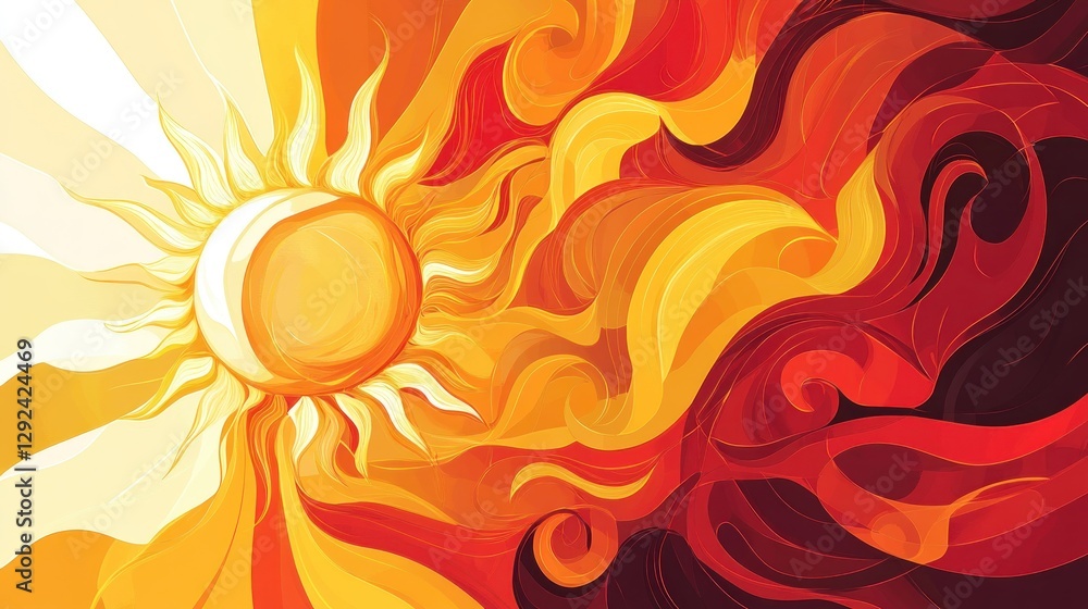 Naklejka premium Fiery sun, abstract art, design, background
