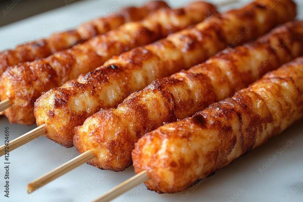 Golden Brown Corn Dogs with Mustard and Ketchup on White Marble Background Golden Brown Corn Dogs with Mustard and Ketchup on White Marble Background