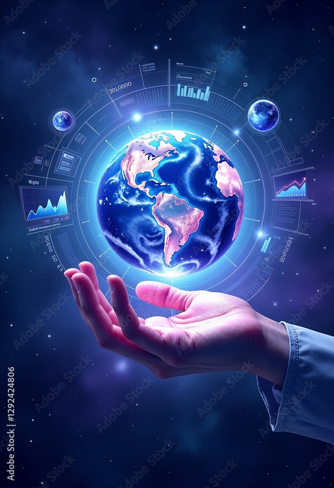 Hand holding holographic Earth with glowing data, futuristic concept Hand holding holographic Earth with glowing data, futuristic concept