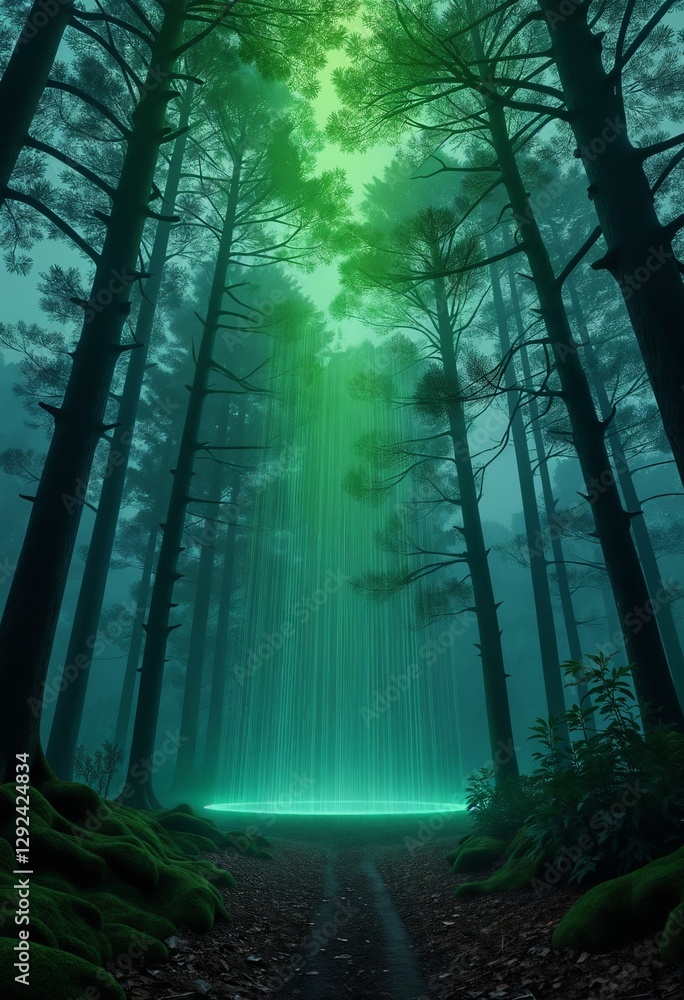 Naklejka premium Cyberpunk forest with glowing digital rain, futuristic and surreal