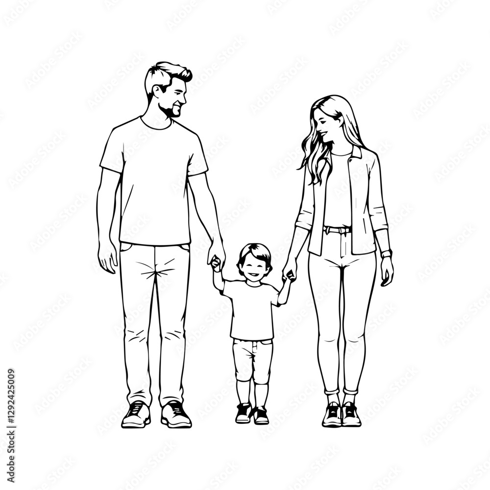 Happy family in continuous line art drawing style. Front view of parents with their little kid holding hands and walking together black linear sketch isolated on white background. Vector illustration Happy family in continuous line art drawing style. Front view of parents with their little kid holding hands and walking together black linear sketch isolated on white background. Vector illustration