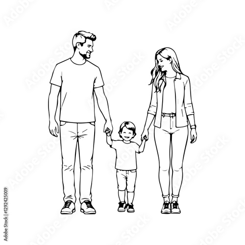 Happy family in continuous line art drawing style. Front view of parents with their little kid holding hands and walking together black linear sketch isolated on white background. Vector illustration