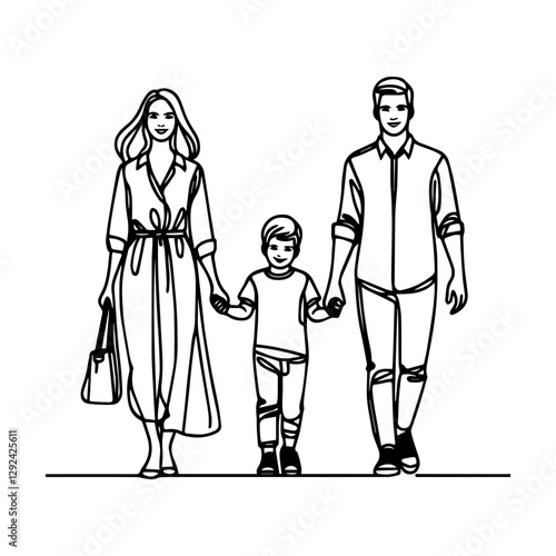 Happy family in continuous line art drawing style. Front view of parents with their little kid holding hands and walking together black linear sketch isolated on white background. Vector illustration