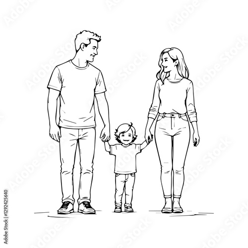 Happy family in continuous line art drawing style. Front view of parents with their little kid holding hands and walking together black linear sketch isolated on white background. Vector illustration