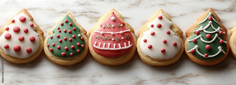 Christmas Cookie Display on Marble Background with Santa Claus Trees and Candy Canes for Holiday Baking Christmas Cookie Display on Marble Background with Santa Claus Trees and Candy Canes for Holiday Baking
