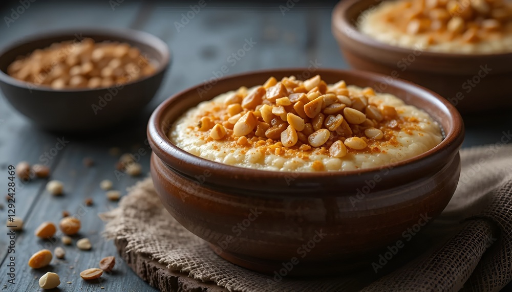 Traditional Turkish sütlaç served in an earthenware bowl, topped with caramelized sugar and crushed nuts. A creamy, baked rice pudding dessert. testi food.
Traditional Turkish sütlaç served in an earthenware bowl, topped with caramelized sugar and crushed nuts. A creamy, baked rice pudding dessert. testi food.