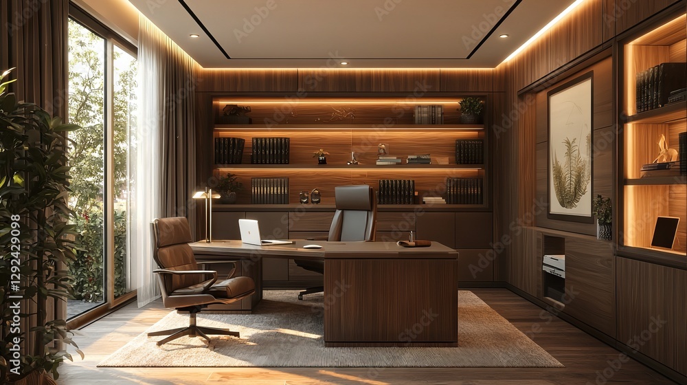 Modern Office Interior with Warm Lighting and Wood Accents Modern Office Interior with Warm Lighting and Wood Accents