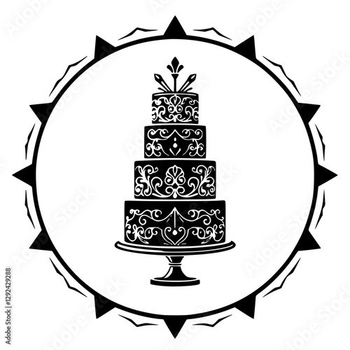 Elaborate black-and-white wedding cake with floral design in a circular frame.