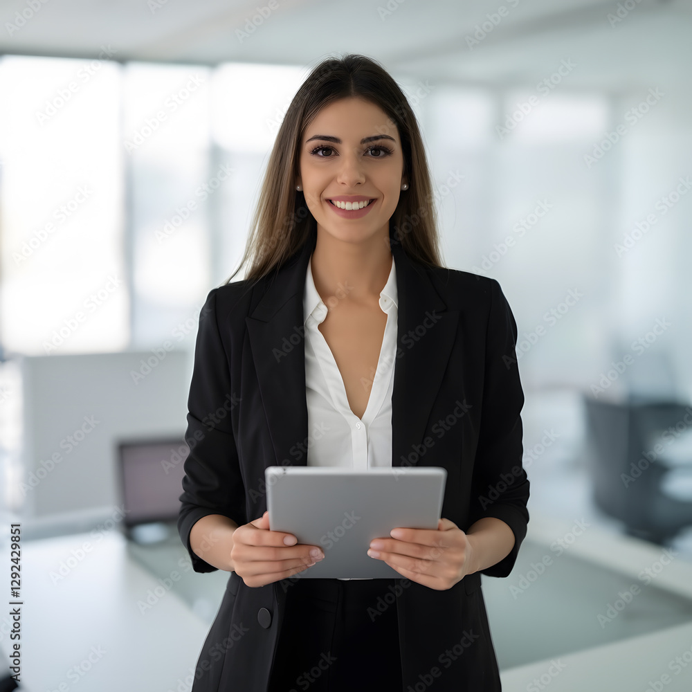 A confident businesswoman in a modern office setting, holding a tablet and exuding professionalism and leadership. A confident businesswoman in a modern office setting, holding a tablet and exuding professionalism and leadership.