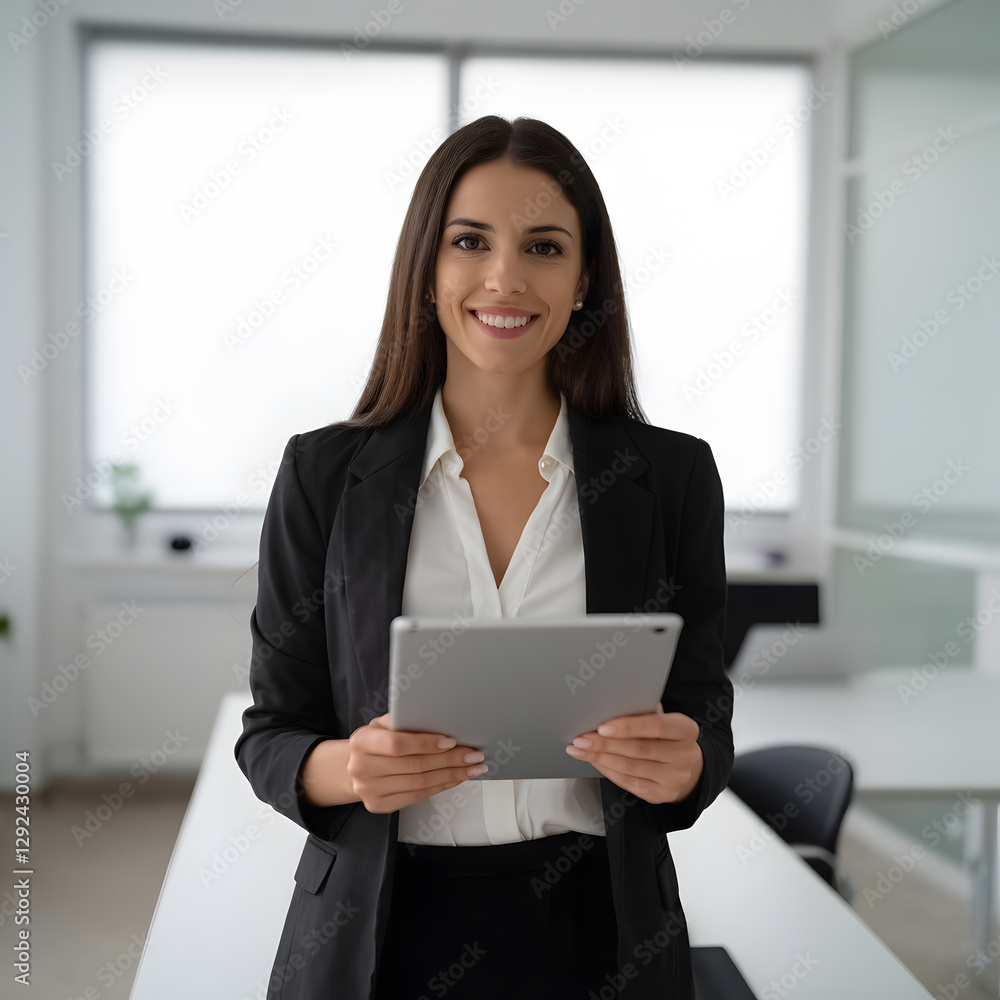 A confident businesswoman in a modern office setting, holding a tablet and exuding professionalism and leadership. A confident businesswoman in a modern office setting, holding a tablet and exuding professionalism and leadership.