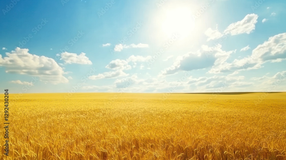 Sunny wheat field, rural landscape, summer day, blue sky, clouds, agriculture, harvest, background Sunny wheat field, rural landscape, summer day, blue sky, clouds, agriculture, harvest, background