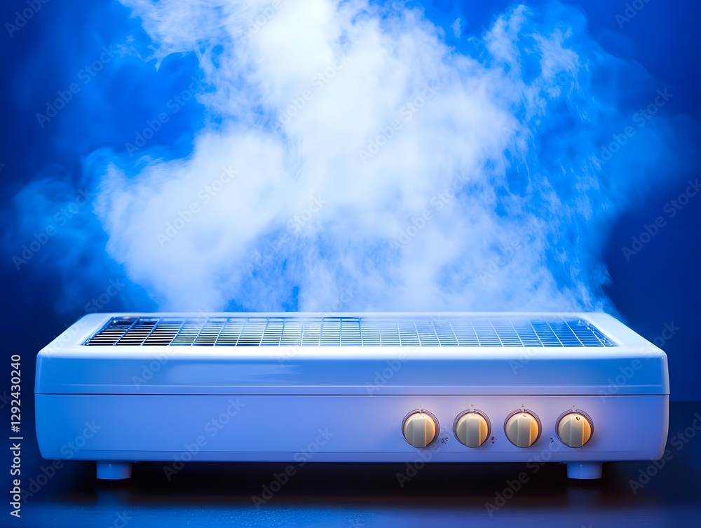 Modern air purifier emitting vapor, set against a blue background, showcasing sleek design and functionality Modern air purifier emitting vapor, set against a blue background, showcasing sleek design and functionality