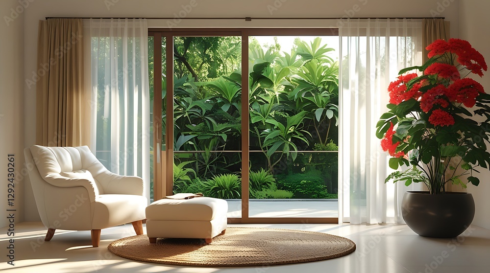 Fototapeta premium Cozy reading nook with a white armchair, matching ottoman, and sheer curtains overlooking lush greenery and red flowers. Sunlight enhances the warm, tranquil, and inviting ambiance