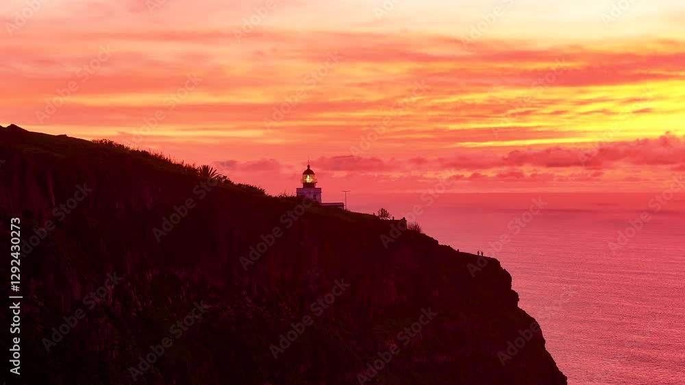 Sunset over Madeira's lighthouse illuminating the horizon with vibrant colors across the sea Sunset over Madeira's lighthouse illuminating the horizon with vibrant colors across the sea