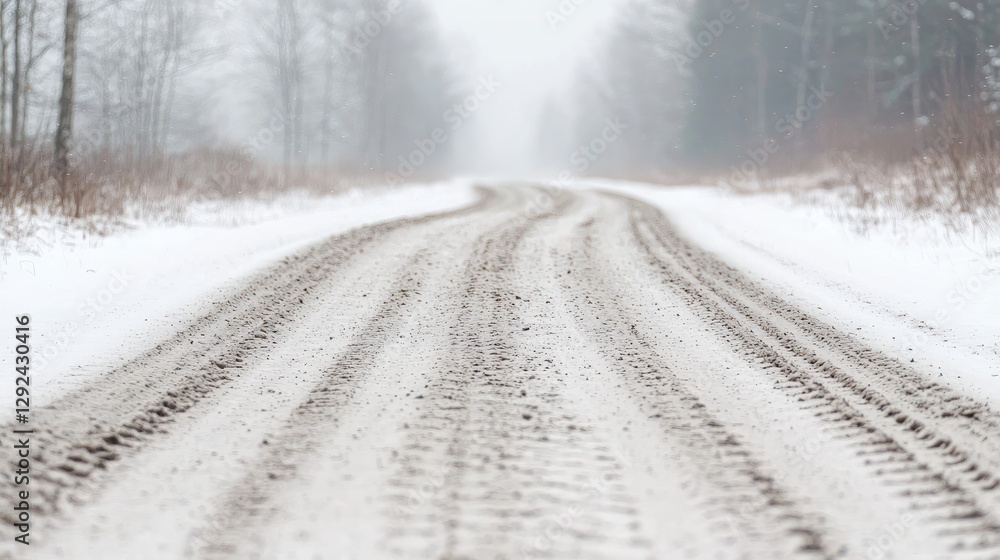 Fototapeta premium Snowy road curves through winter forest