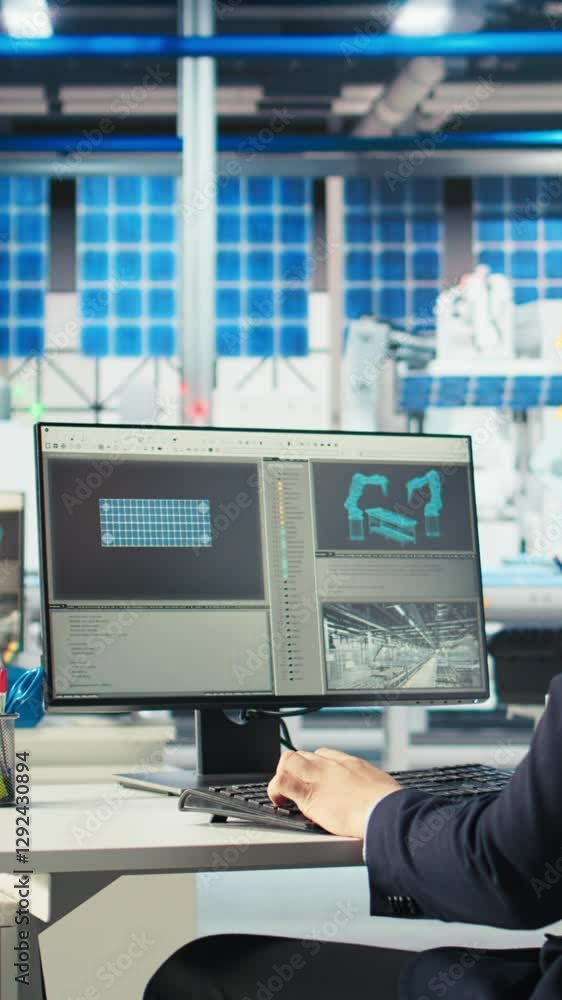 Vertical video Photovoltaics factory worker using PC to monitor performance of robot arms placing solar panels on assembly lines. Expert at computer desk looking on screen, inspecting solar plant Vertical video Photovoltaics factory worker using PC to monitor performance of robot arms placing solar panels on assembly lines. Expert at computer desk looking on screen, inspecting solar plant
