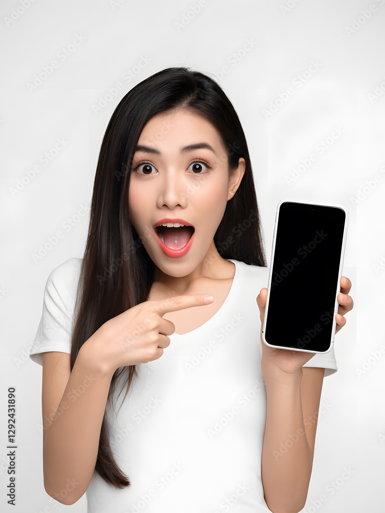 A young woman excitedly showcasing a smartphone, pointing at the device with a surprised expression. A young woman excitedly showcasing a smartphone, pointing at the device with a surprised expression.