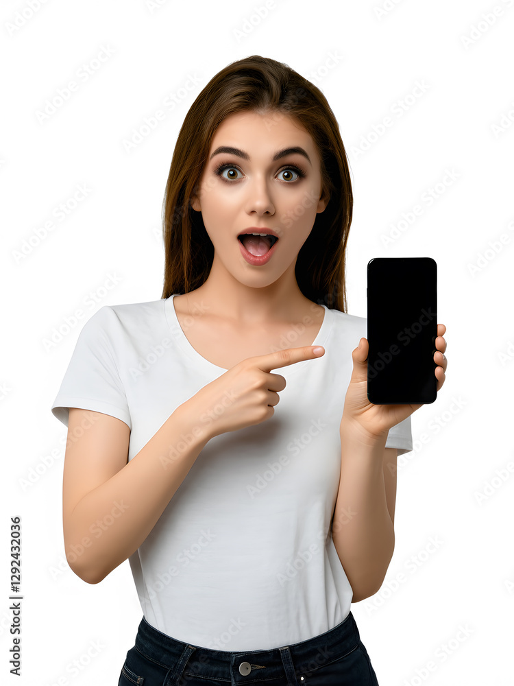 A young woman excitedly showcasing a smartphone, pointing at the device with a surprised expression. A young woman excitedly showcasing a smartphone, pointing at the device with a surprised expression.